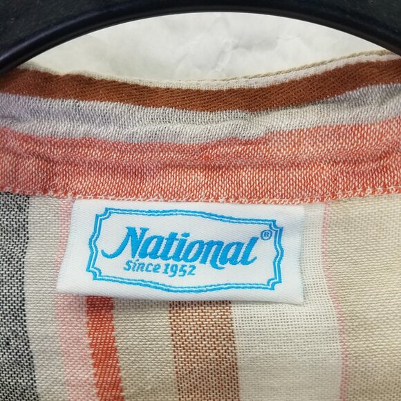 National Linen Tunic L Button Up Camp Shirt Chevron Mandarin Collar Wood Button - Picture 12 of 16
